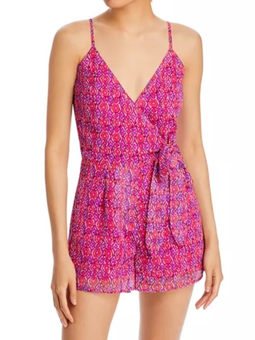 Aqua Pink Sleeveless Surplice Neckline Self Tie Romper NWOT